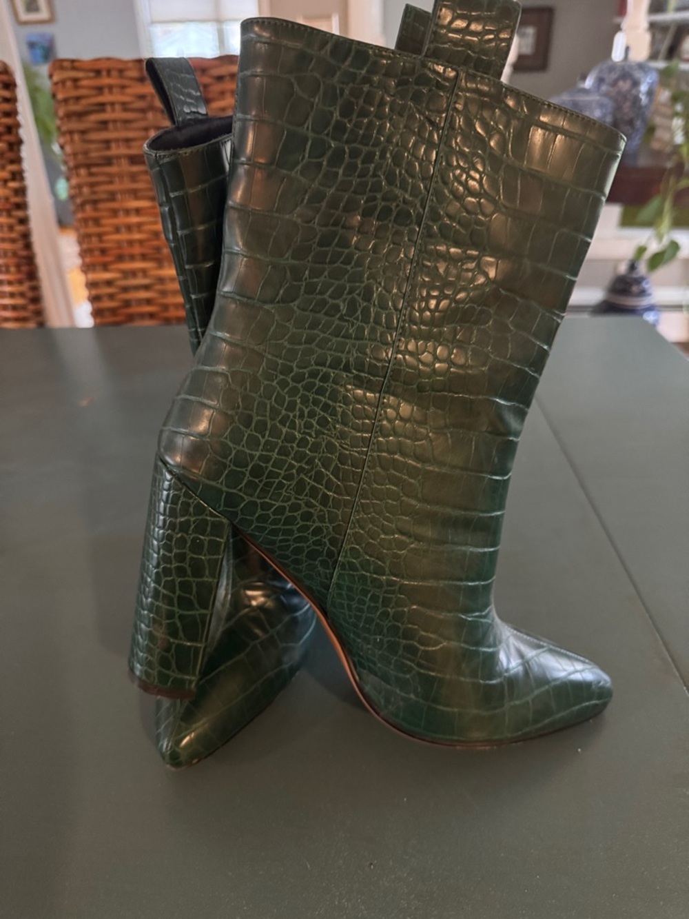 Croc-Embossed Dark Green Mid-Calf Heeled Boots